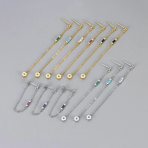 Minimalist Copper Chain Tassel Stud Earrings For Women Gold Silver Plated Baguette Cut Zirconia Drop Earrings Elegant Daily Jewelry