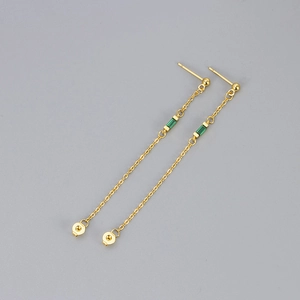Elegant gold chain fringe earrings featuring small beads and green rectangular zircon stones