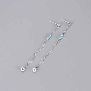 Elegant silver chain tassel earrings featuring square sky blue cubic zirconia stones