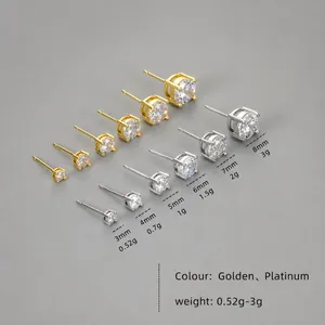 Detailed comparison of four-prong round zircon stud earrings in gold and silver finishes