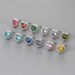 Fashion Colorful Heart Zirconia Stud Earrings For Women With 925 Sterling Silver Post Copper Halo Ear Jewelry Daily Gift
