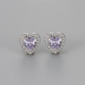 Elegant halo heart stud earrings featuring lavender zircon stones in a silver setting