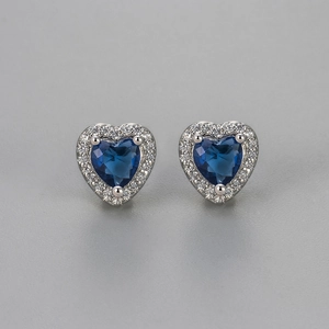 Elegant heart stud earrings with blue heart zircon and pavé white stone accents