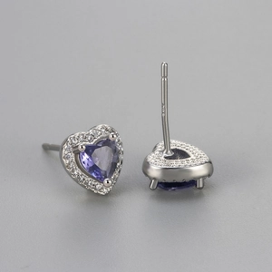 Elegant 925 sterling silver heart stud earrings with purple zircon and halo crystals