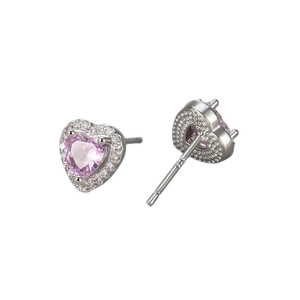 Pink heart-shaped zircon earrings with white crystal halo on S925 silver base