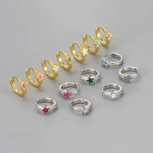 Colorful Enamel Star Hoop Earrings For Women Copper Rhinestone Star Huggie Earrings Delicate Fashion Jewelry Accessory