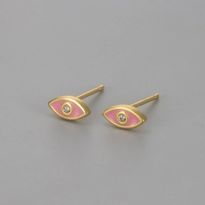 Minimalist gold evil eye stud earrings with pink enamel inlay and zircon accents