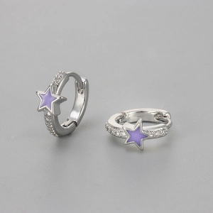 Exquisite silver hoop earrings with purple star pendants and shiny cubic zirconia stones