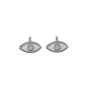 Minimalist evil eye stud earrings with white enamel and sparkling zircon stones