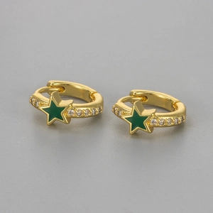Gold star hoop earrings featuring green enamel and pavé white crystals for women