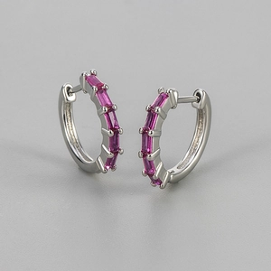 Silver hoop earrings featuring five rectangular rose red gemstones in a minimalist design