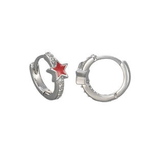 Silver star hoop earrings with red enamel star charms and sparkling cubic zirconia stones