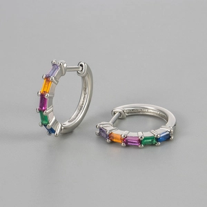 Silver huggie hoop earrings with five colorful rectangular cubic zirconia stones