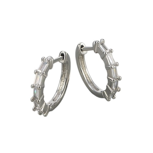 Elegant silver hoop earrings with five rectangle-cut zircon stones in a classic prong setting