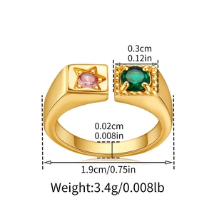 Dimensioni dettagliate e peso dell'anello aperto dorato con stella e zircone