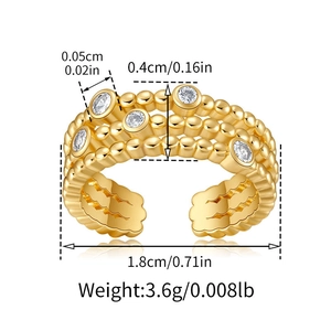 Diagramma dettagliato con dimensioni e peso dell'anello di perline dorate con zirconi