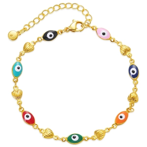 Colorful evil eye and heart charms bracelet in 18K gold plated brass with adjustable chain