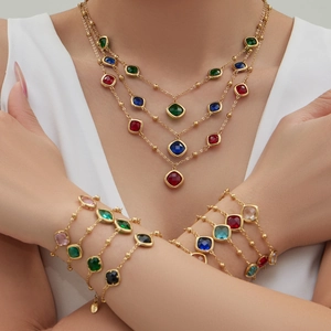Stainless Steel Geometric Square Glass Stone Jewelry Set Multi-Color Necklace Bracelet Earrings For Women Fashion Jewelry