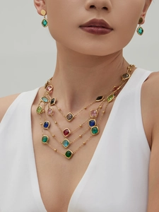 Detail of layered gold necklaces with colorful square faceted glass stones and matching earrings