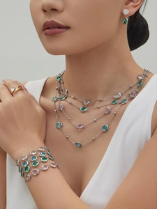 Close-up of multilayered necklace and bracelet set with faceted colorful gemstones