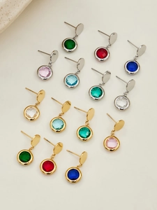 Detail of round faceted glass stone earrings in gold and silver plating options
