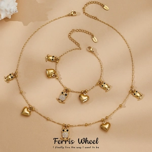 Edelstahl Eule Herz Anhänger Schmuckset Zirkonia Gold Plattiert Halskette Und Armband Für Damen Mode Accessoires Schmuck