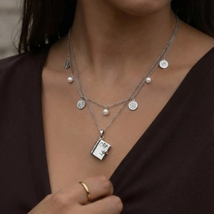 Silver book locket necklace with layered pearl chain and heart engraved pendant