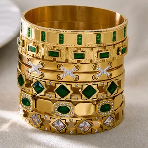 Luxury Stainless Steel Gold Plated Emerald Green Zirconia Bracelet Retro Geometric Glass Zircon Bangle For Women Jewelry