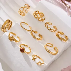 Vintage French Stainless Steel Open Rings For Women 18K Gold Plated Geometric Star Heart Infinity Adjustable Finger Jewelry