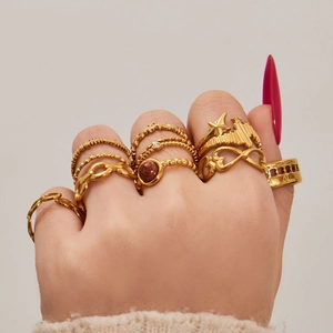 10-piece gold stainless steel vintage ring set with sunstone and roman numerals