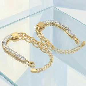 18K goud vergulde roestvrijstalen schakelarmband met zirkonia stenen voor vrouwen