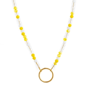 Collier de perles d'été avec cristaux, perles de porcelaine blanche et pendentif cercle doré