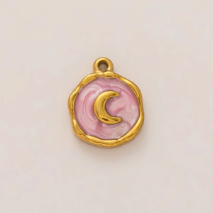 Stainless steel 18K gold pendant with pink sand enamel and crescent moon design