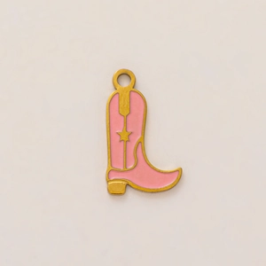 Pink enamel cowboy boot charm with gold-plated star detail and hanging loop for DIY jewelry