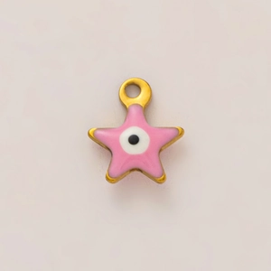 Pink star-shaped Evil Eye pendant charm with gold-plated metal border and enamel detail
