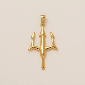 Detailed macro view of 18K gold-plated stainless steel trident pendant accessory