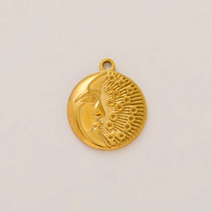 Detailed relief of sun and moon face on 18K gold plated stainless steel pendant