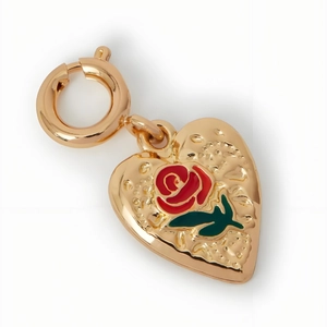 18K gold plated heart charm with red rose enamel and spring clasp on white background