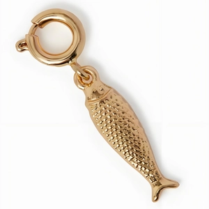 Polished 18K gold-plated fish pendant with hammered texture and large spring ring clasp