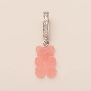 Detail of pink gummy bear charm with micro-paved cubic zirconia gold-plated ring