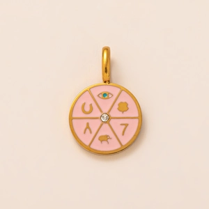 18k gold plated stainless steel lucky charm pendant with pink enamel symbols