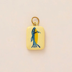 Minimalist cream yellow rectangle pendant with blue hand-painted abstract fish and gold ring