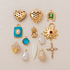 Fashion Copper 14K Gold Plated Heart Pendant With Artificial Pearl Rhinestone Clover Acorn DIY Charms For Jewelry Making Women