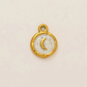 Detailed view of irregular 18K gold-plated pendant featuring a crescent moon on wavy enamel