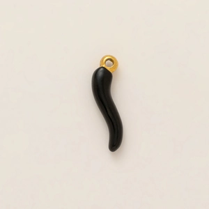 Polished black resin Italian horn pendant with 18K gold plated metal loop for DIY jewelry