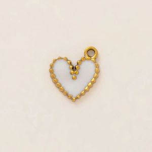 Detail of 18K gold-plated heart pendant with beaded edge and white enamel inlay