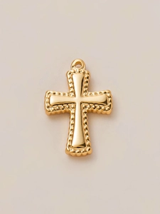 Detailed close-up of 18K gold plated cross pendant with beaded edge and polished finish