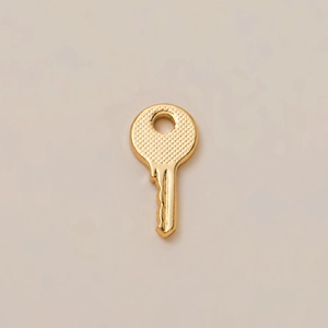 Elegant 18K gold-plated brass key pendant featuring cross-hatch texture on a cream background