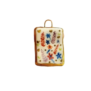 Artistic rectangular flower pendant with 18K gold plated frame and colorful floral motifs