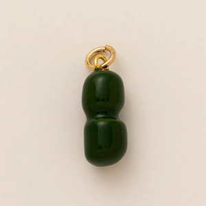 Macro detail of a dark green peanut-shaped pendant with a polished finish and gold ring